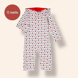 Baby Print Hooded Romper | 12M | Gray & Red Long Sleeve Zip One-Piece Outfit